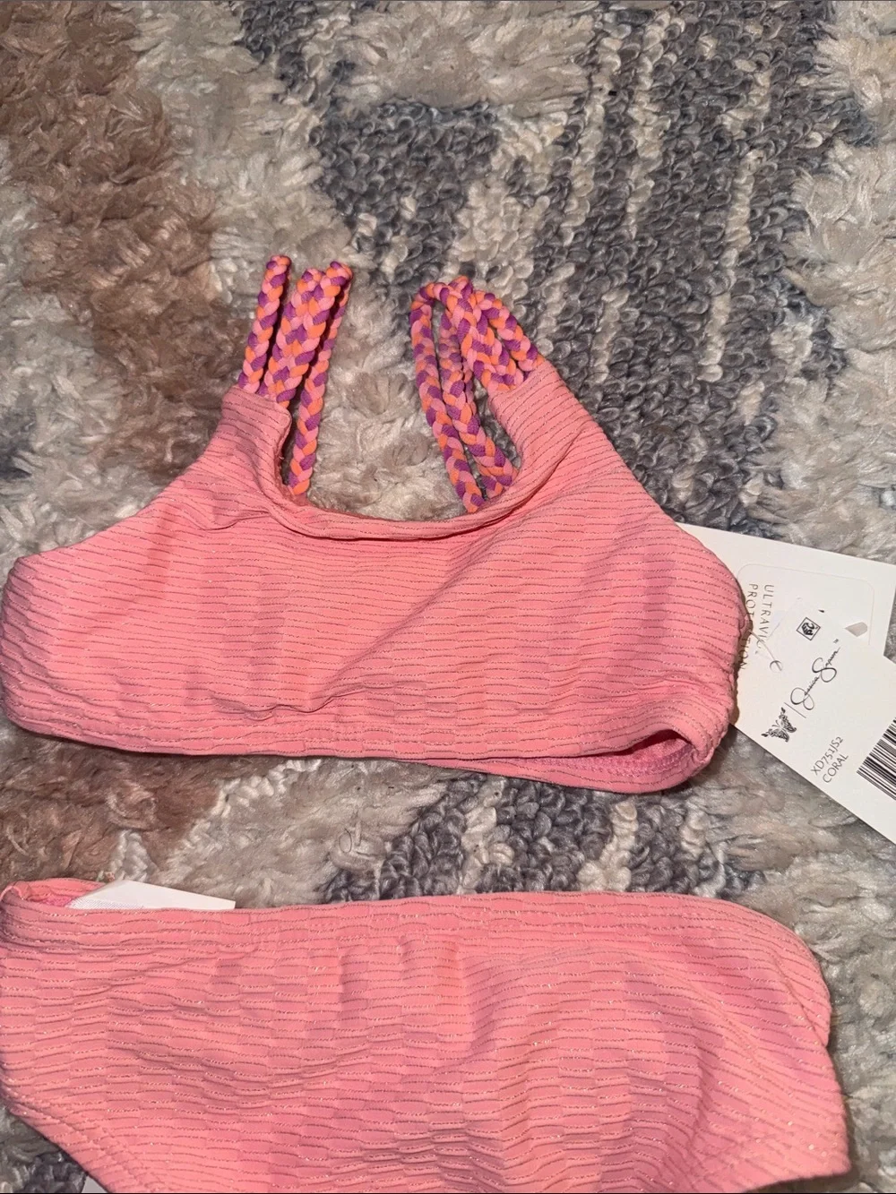Jessica Simpson Coral/ Pink Textured Bikini with Braided Straps